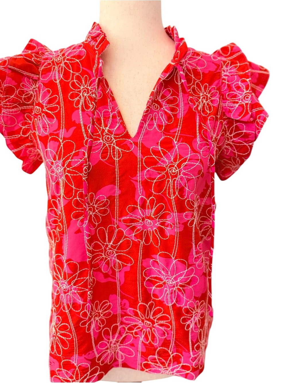 Joy Joy Daisies Floral Ruffle Sleeve Top Red Pink Size Small NWT